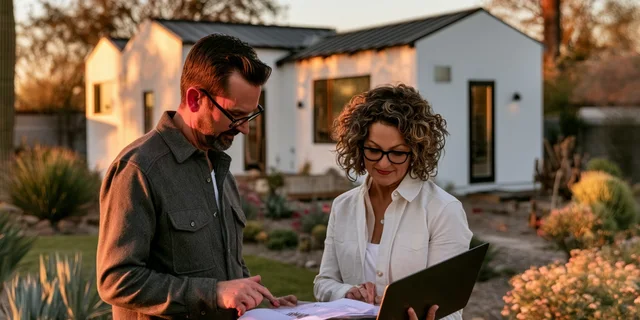 Couple reviewing casita pricing in Phoenix Arizona backyard