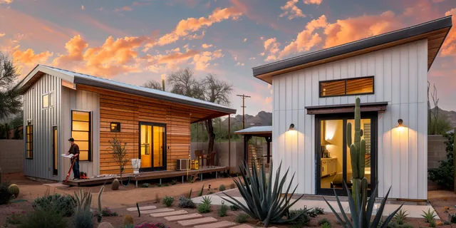 Two casitas built under HB 2720 at sunset in Phoenix