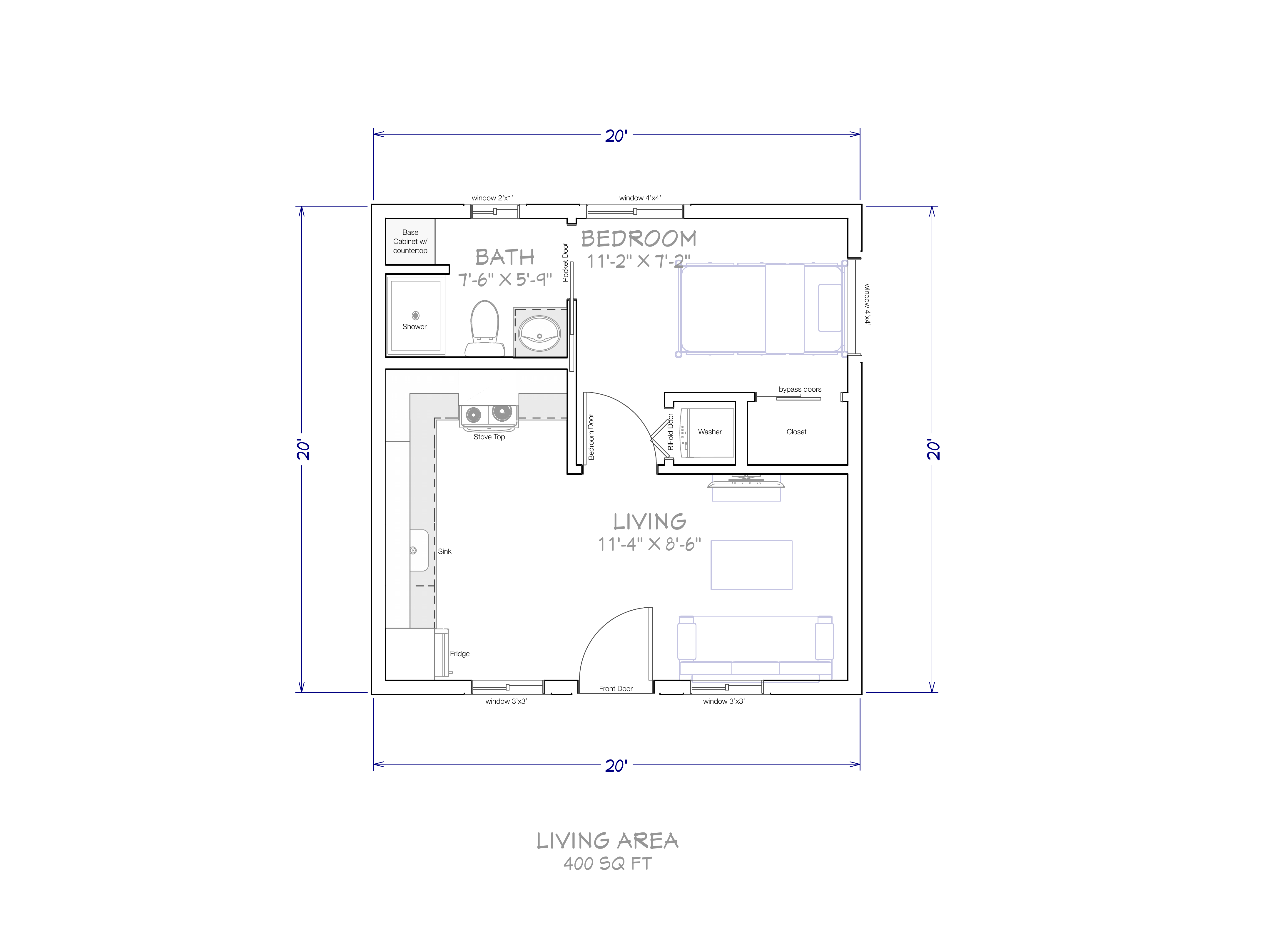 The Studio — 400 SF floor plan